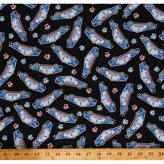 Cotton Police Cars Siren Red and Blue Flashing Lights Allover Glow in the Dark Black Cotton Fabric Print by the Yard (9735GL-12)