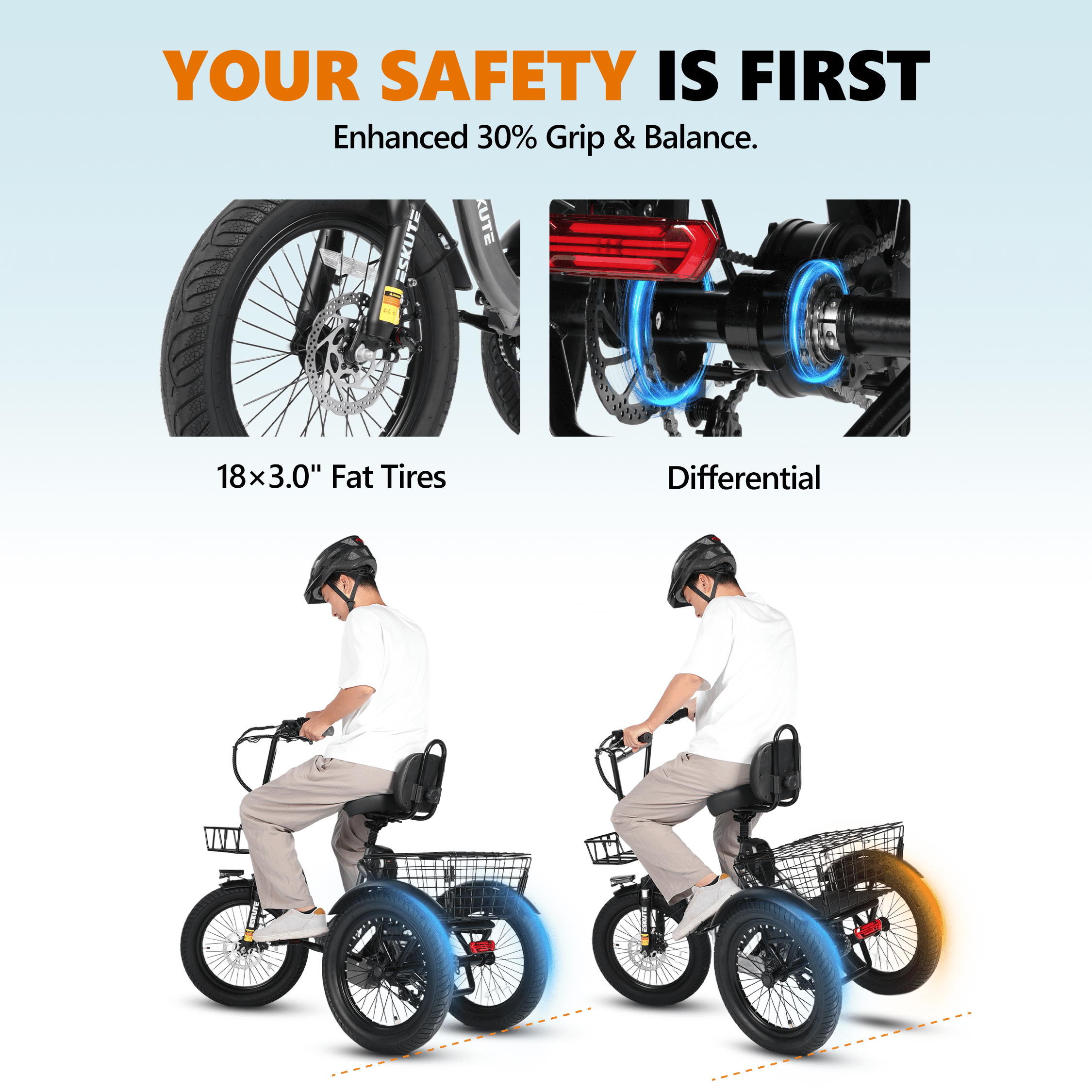 ESKUTE Black E Trike Electric Bike, Peak 1200W Brushless Motor Folding Trike 18X3.0 Fat Tire Ebike, 499Wh Removable Battery, Step-Thru 3 Wheel Electric Bicycle, 48V 13AH 18MPH+ Tricycle for Adults
