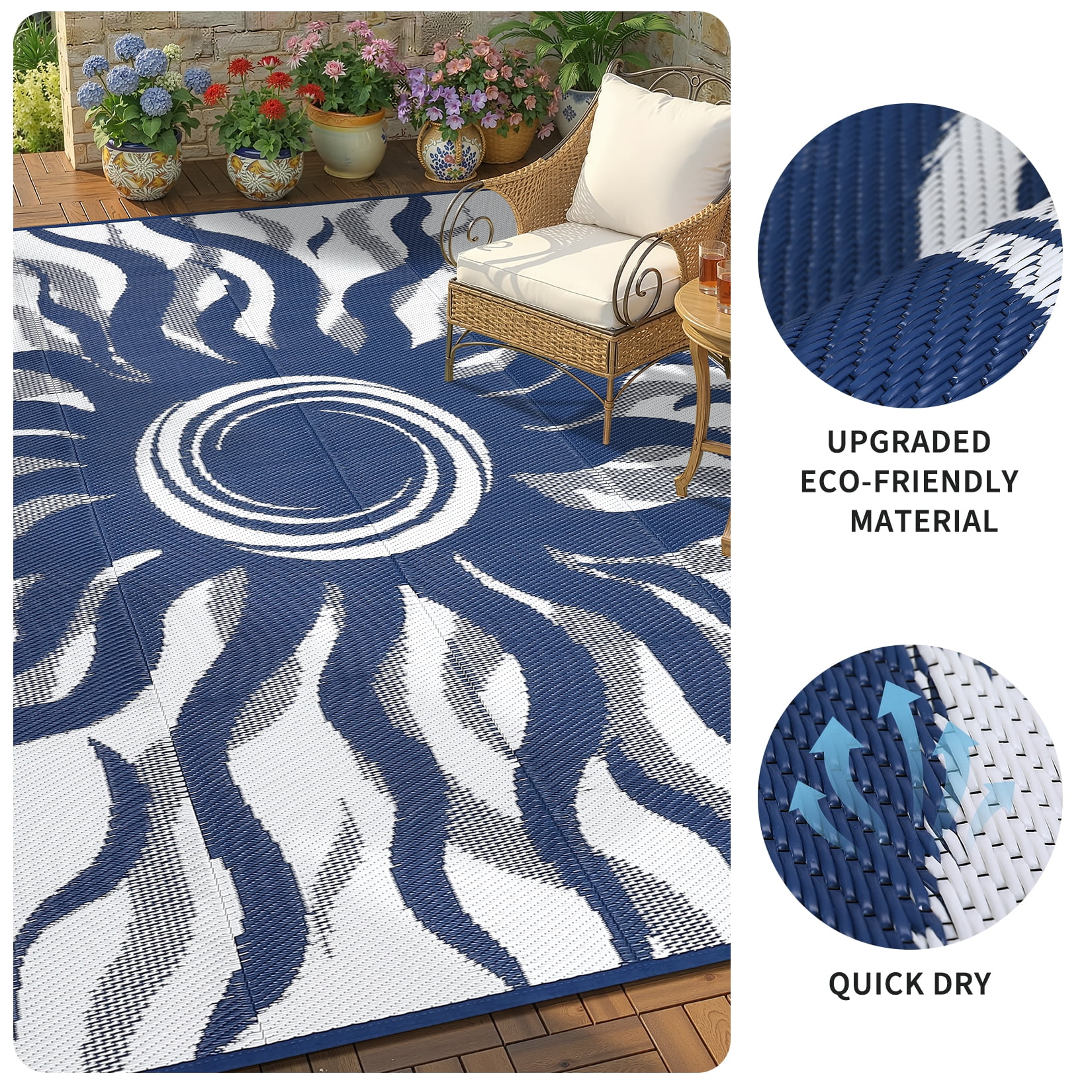 Soonbuy Sun Pattern Outdoor Rug, 9x12 Waterproof Reversible Plastic Straw Outdoor Patio Rug, Quick Dry Easy Clean Outdoor Area Rug Carpet for Camping, Picnic, Balcony, Porch, RV