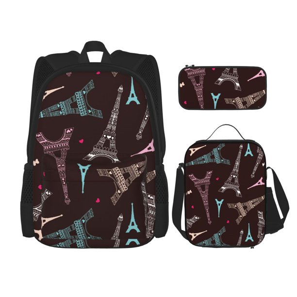 Easygdp Eiffel Tower Mochila para Niños y Niñas con Set de Caja de Almuerzo y Estuche para Lápices 3 en 1, Mochila Escolar Estampada para Adolescentes