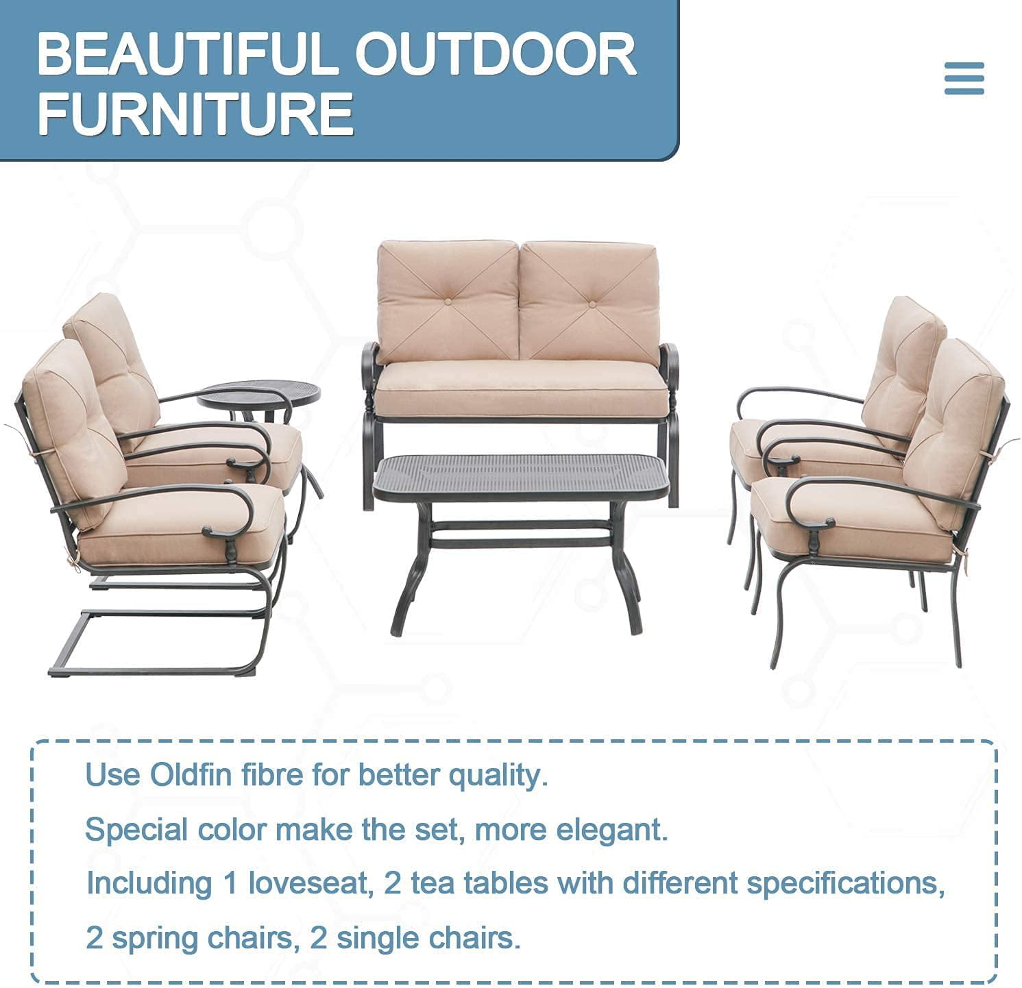 SOLAURA 7-Piece Patio Furniture Outdoor Metal Conversation Set (2 Spring Chairs, 2 Patio Chairs, Loveseat with Coffee Table and Side Table) - Brown