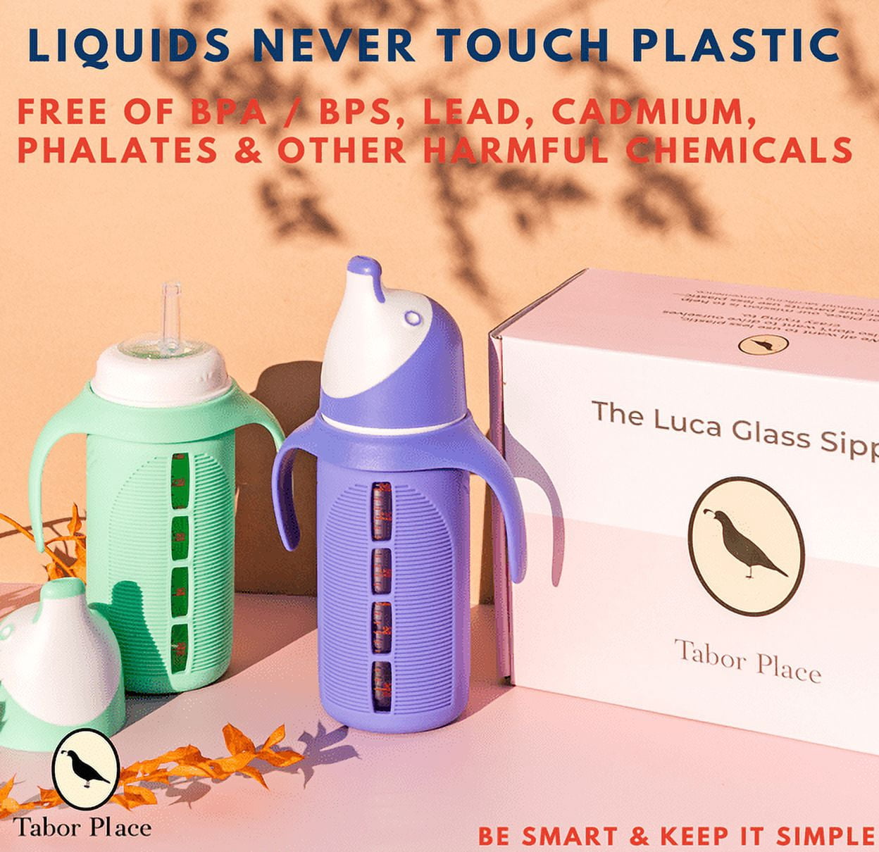 Tabor Place | Glass Sippy Cup for Toddlers | Orange | Spill-Proof | Silicone Straw | 8 oz | Liquids Never Touch Plastic