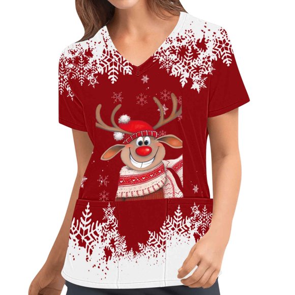YDLCAFD Ladies Short Sleeve Tops Ladies' Christmas Printed Short Sleeved Pocket V Neck Protective Suit T Shirt Top Basic Tops Women Scrub Tops Women Plus Size