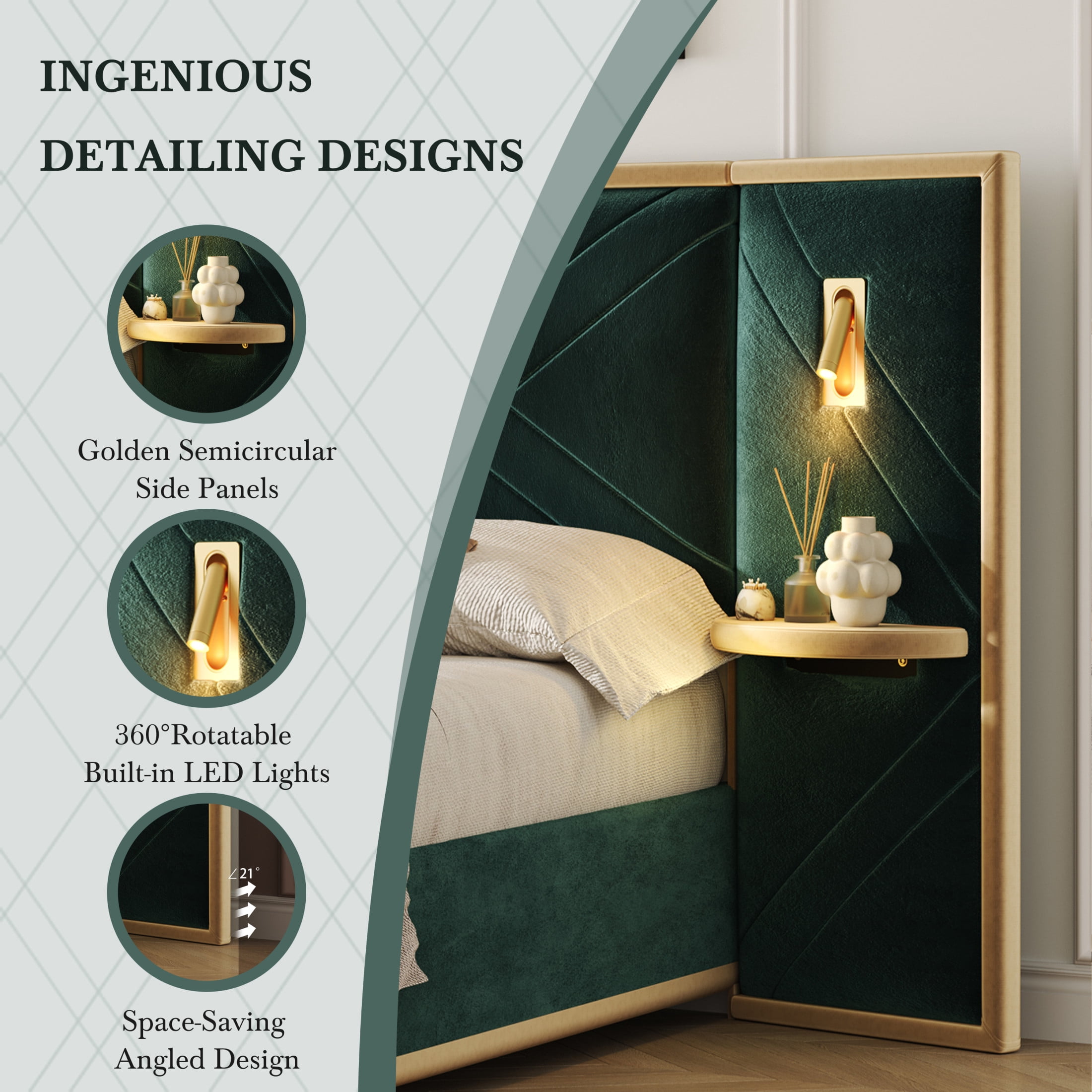 Christopher Knight Home Luxury Velvet Upholstered Queen Bed with Headboard, LED Lights, Storage Side Panels, Green