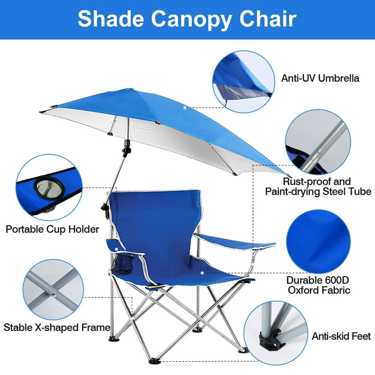 Foldable Beach Chair with Detachable Umbrella Outdoor Canopy Camping Chair with Armrest Cup Holder Carry Bag Blue Walmart