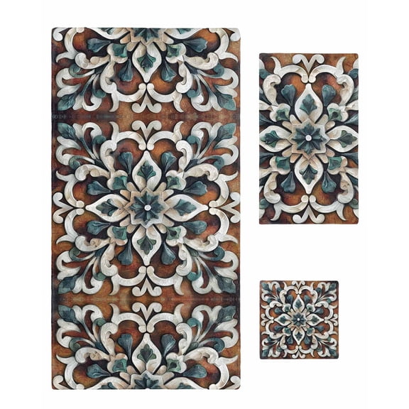 Brown Teal Boho Towel Set of 3, Soft Microfiber Bath Towels, Hand Towel, Washcloths, Ethnic Rustic Abstract Flowers Quick-Dry Absorbent Towels for Bathroom Kitchen Hotel Beach Gym Spa