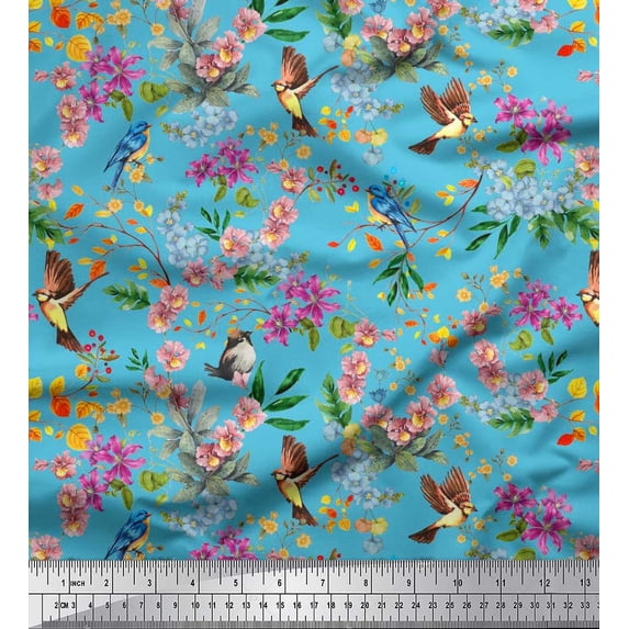 Soimoi Blue Moss Georgette Fabric Floral,American Robin & Bluebird Bird Printed Craft Fabric by The Yard 42 Inch Wide