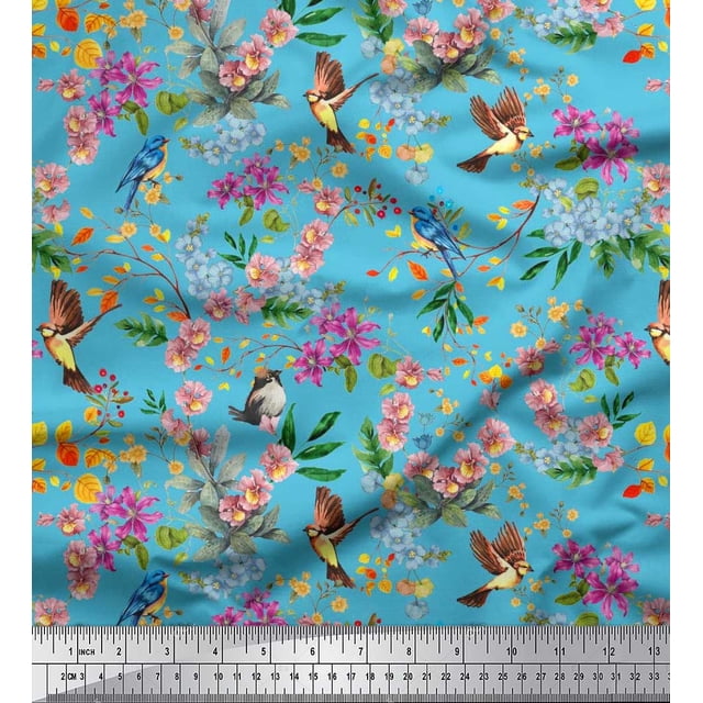 Soimoi Blue Polyester Crepe Fabric Floral,American Robin & Bluebird Bird Decor Fabric Printed BTY 42 Inch Wide