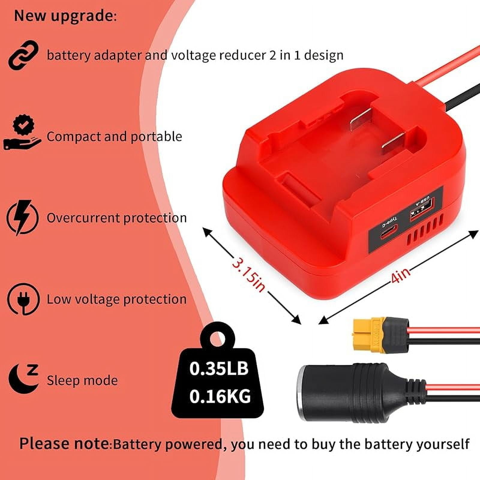Power Wheels Battery Adapter Compatible with Milwaukee 18V Battery, 18V to 12V Step Down Power Converter with USB & Type C, XT60 Ports for RC Cars, DIY Projects, Car Appliance (1 Pack)