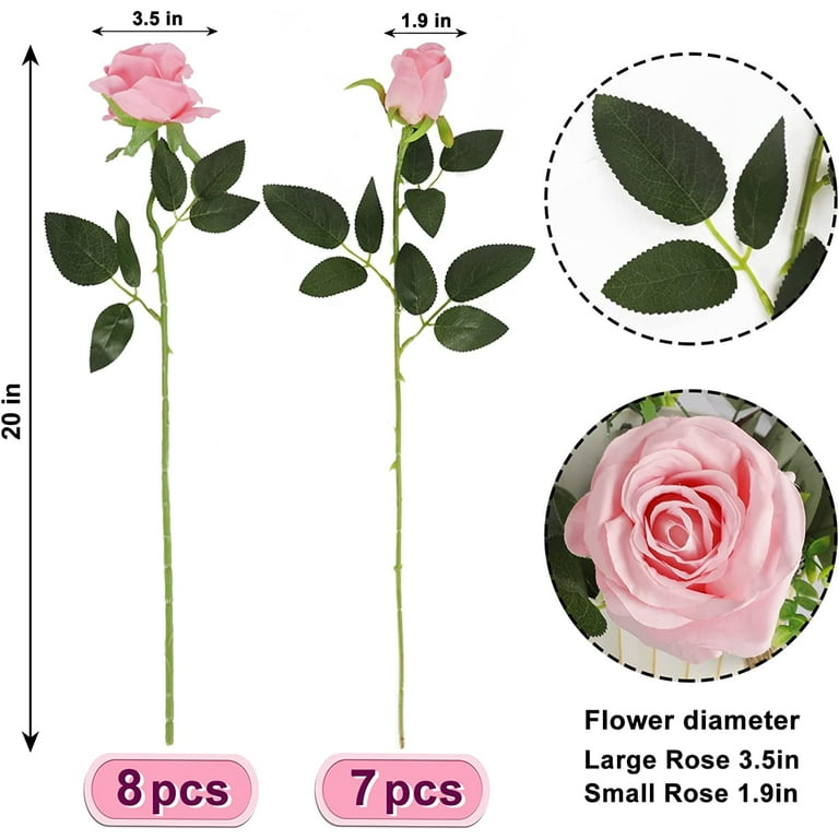 Zukuco 15pcs Champagne Roses Artificial Flowers Silk Fake Flowers Realistic Faux Roses Bouquet Long Stem for Wedding Home Party Birthday Decoration (Pink)