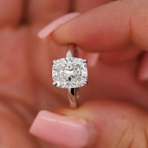 Women's 2CT Cushion Cut Lab Created VVS1/D Diamond Solitaire Ring 14K White Gold Plated 925 Silver
