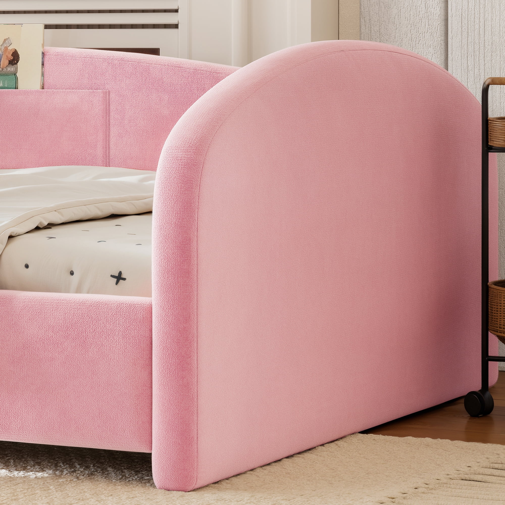 HOQBN Full Size Curved Headboard Upholstered Floor Bed, Upholstered Kids Bed Frame with Safety Side Rails and Storage Pocket, Low Floor Playhouse Bed for Kids Bedroom,Pink