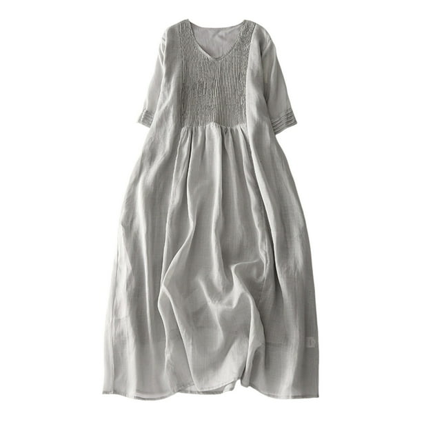Vestido plisado con cuello en V para mujer: color liso, manga corta, informal, tallas M-XXL, para el día a día o para fiestas.