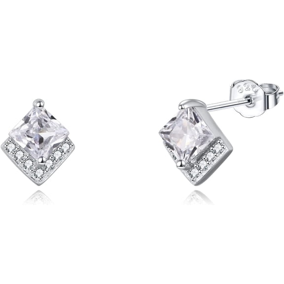Birthstone Stud Earrings Sterling Silver Square Created Diamond Clear Crystal April Earrings Cubic Zirconia Hypoallergenic Piercing Jewelry Small Gifts for Women Mothers