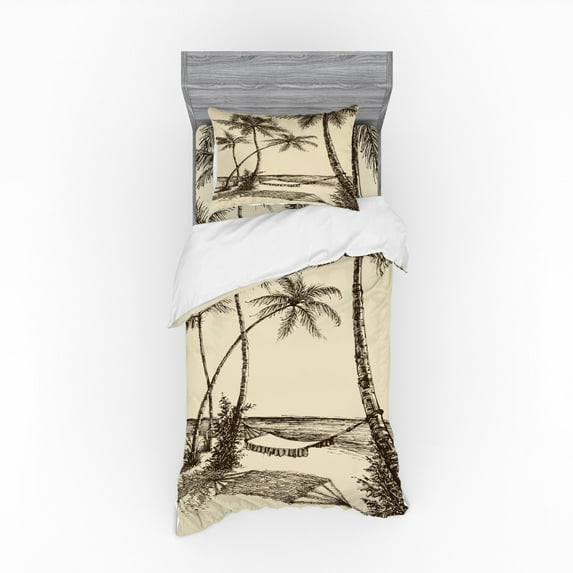 Ambesonne Tropical Bedding Set 3 Pcs, Hammock on Sandy Beach, Twin, Cream Dark Brown