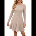 thumbnail image 1 of Vestido Corto Informal de Otoño de Larga para Mujer, de Punto Acanalado, Cuello Redondo, Fluido, Corte A, con Bolsillos Caqui L, 1 of 8