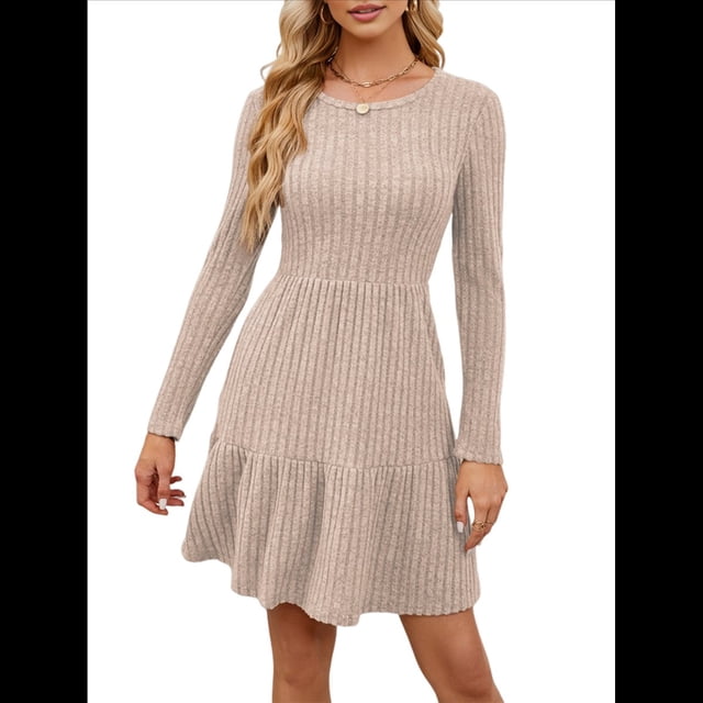 Vestido Corto Informal de Otoño de Larga para Mujer, de Punto Acanalado, Cuello Redondo, Fluido, Corte A, con Bolsillos Caqui L