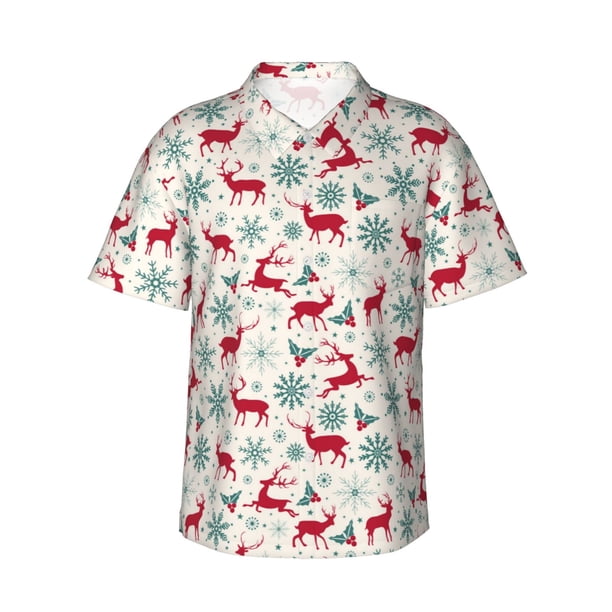 Balery Vintage Christmas Reindeer Camisas hawaianas de manga corta para hombre, camisas playeras de corte holgado, camisas de vacaciones con botones,Medium