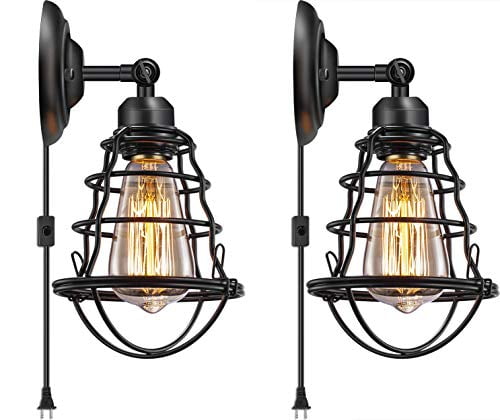JACKYLED Retro Plug in Wall Sconces with LED Bulb Black Hardwire Industrial Vintage Wall Lamp Fixtures for Indoor Bedroom Set of 2