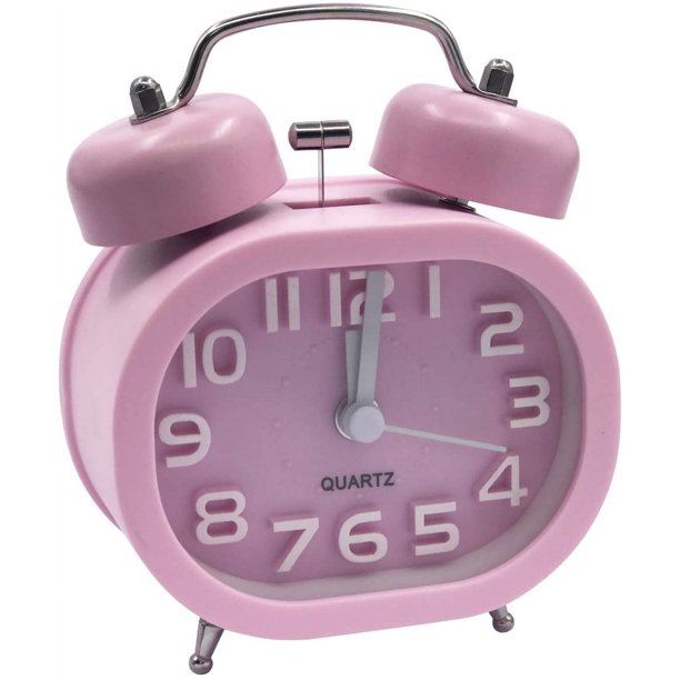 Reloj despertador retro silencioso de cuarzo, reloj despertador matutino, mesita de noche de viaje, reloj analógico de doble campana, reloj despertador de metal para niños con pilas, rosa