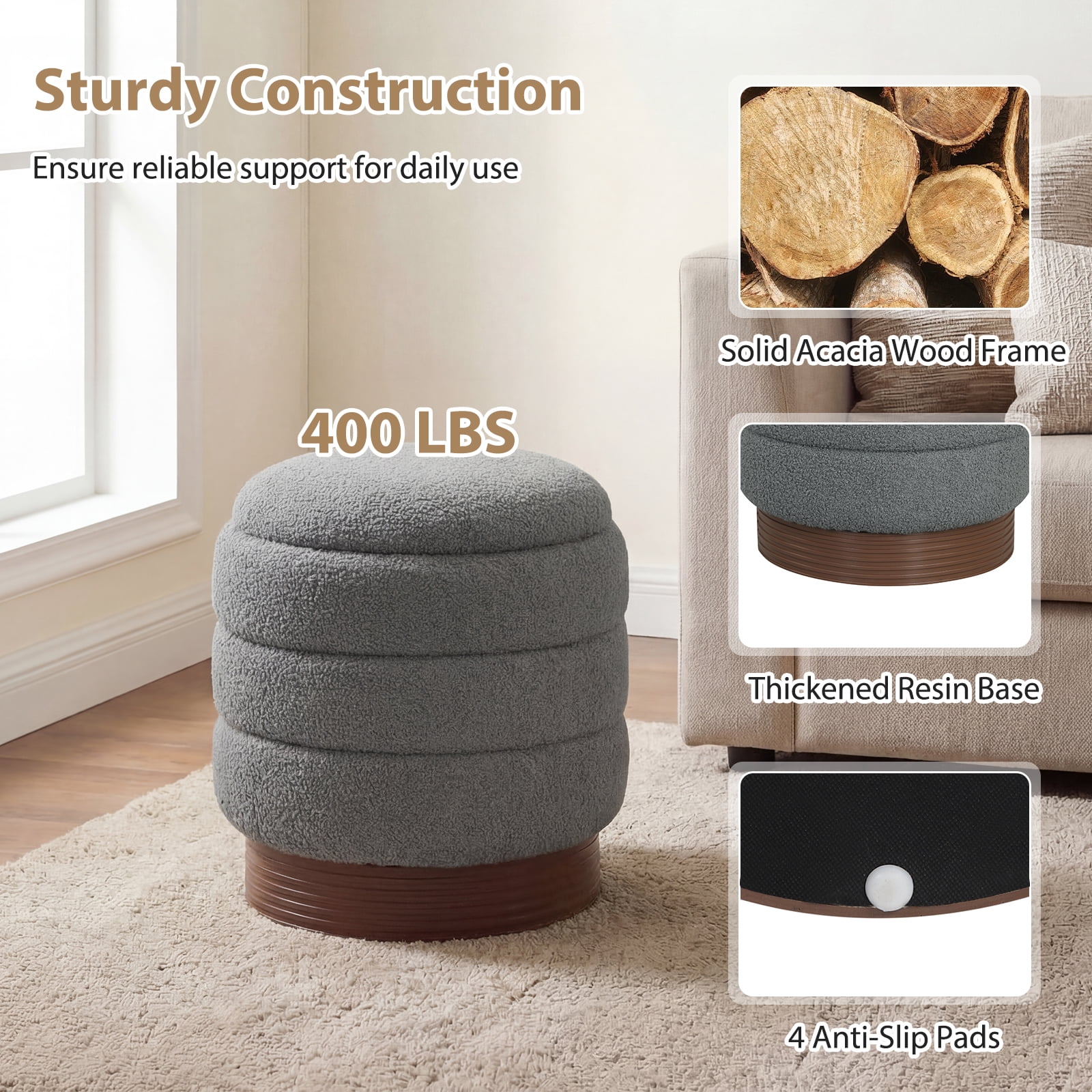 Costway 360° Swivel Boucle Foot Rest with Hidden Storage, 400 Lbs Weight Capacity Footstool Gray and Brown