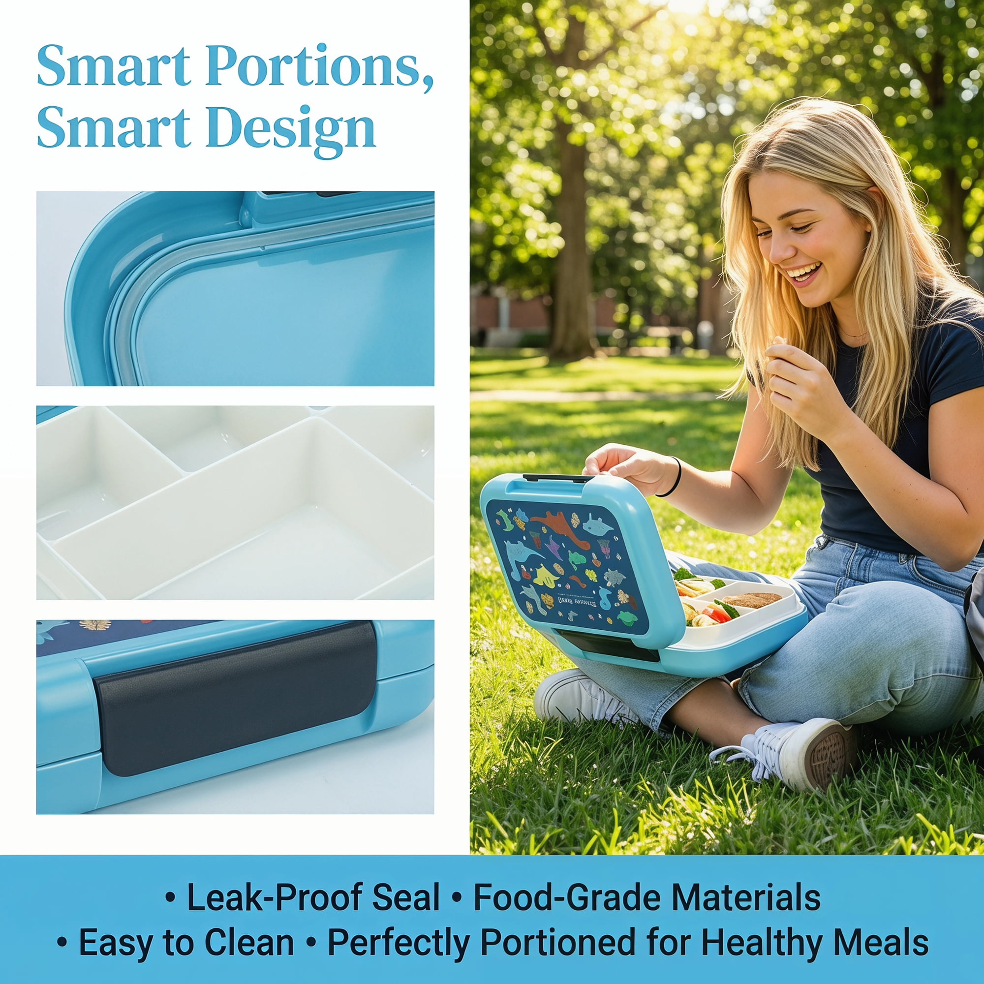 Unique Bargains 3-Compartment Leak-Proof Meal Lunch Bento Box Blue