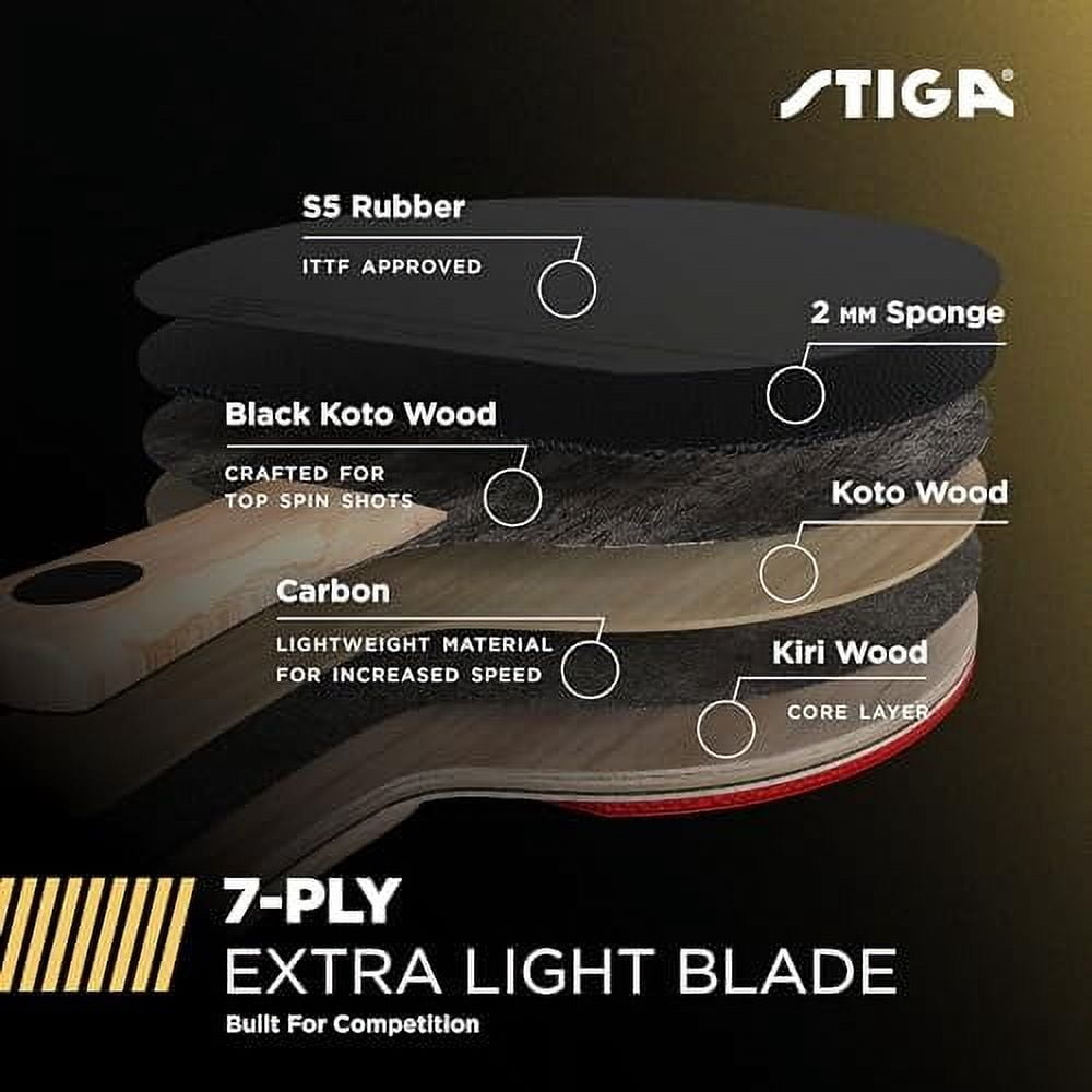 STIGA Carbon+ Bundle Ping Pong Paddle Set  7-ply Extra Light Carbon Fiber Blade  2mm Premium Sponge  Concave Pro Handle  2 3-Star Tournament Balls  Neoprene Racket Cover  Player Wristband