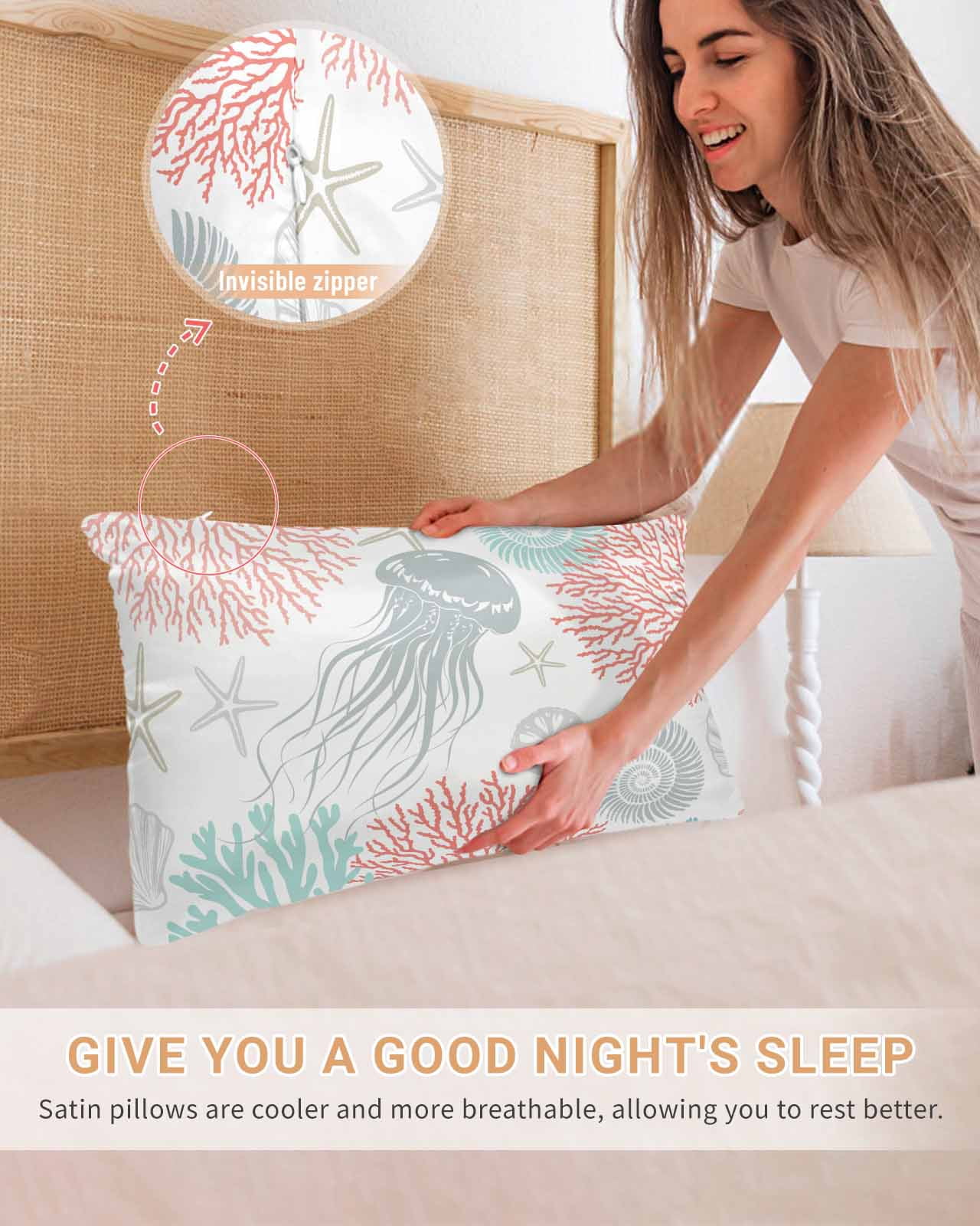 Jellyfish Coastal Pillow Cases King Size Set of 2, Smooth Satin Pillowcase for Hair and Skin, Teal Red Coral Starfish Decorative Cooling Bed Pillow Covers with Zipper, 20x36 Inches