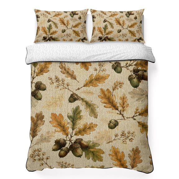 Quilts Twin Size Bedding Set, Fall Leaves Lightweight Quilted Comforter, Thanksgiving Retro Cones Plants Branches Soft Reversible Bedspread Coverlet with Pillow Covers for All Season, 68" x 86"