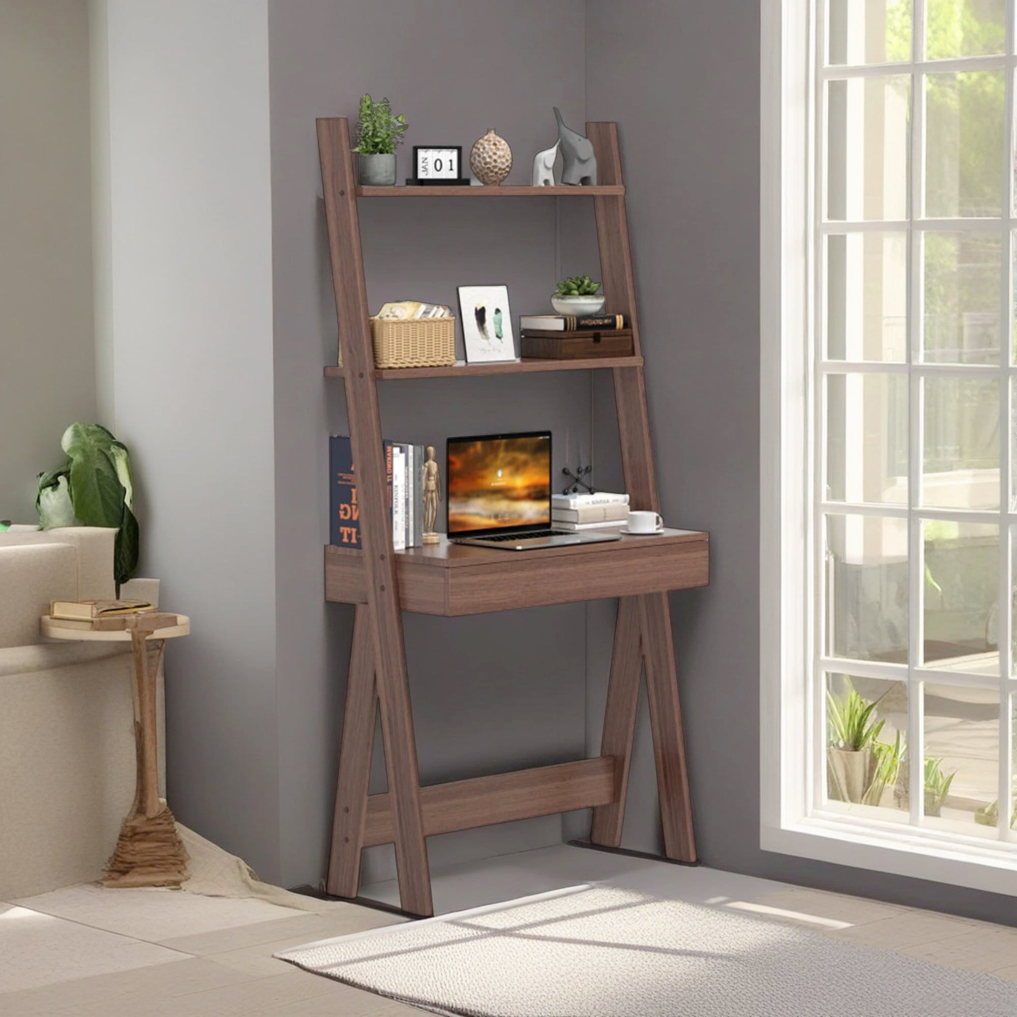 Demi Bonn 3-Tier Ladder Bookshelf, Desk Bookcase with Countertop Drawer and 2 Shelves, Brown