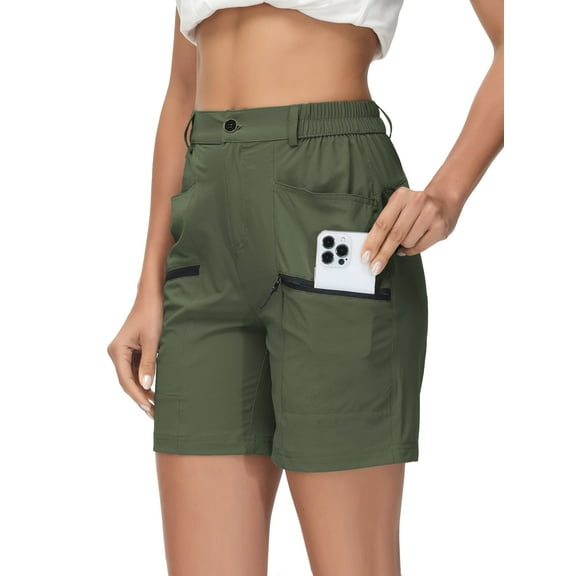Xidunhg Women's Hiking Cargo Shorts Quick Dry Nylon Shorts Summer Travel Active Golf Shorts with 6 Pockets Water Resistant Army Green L