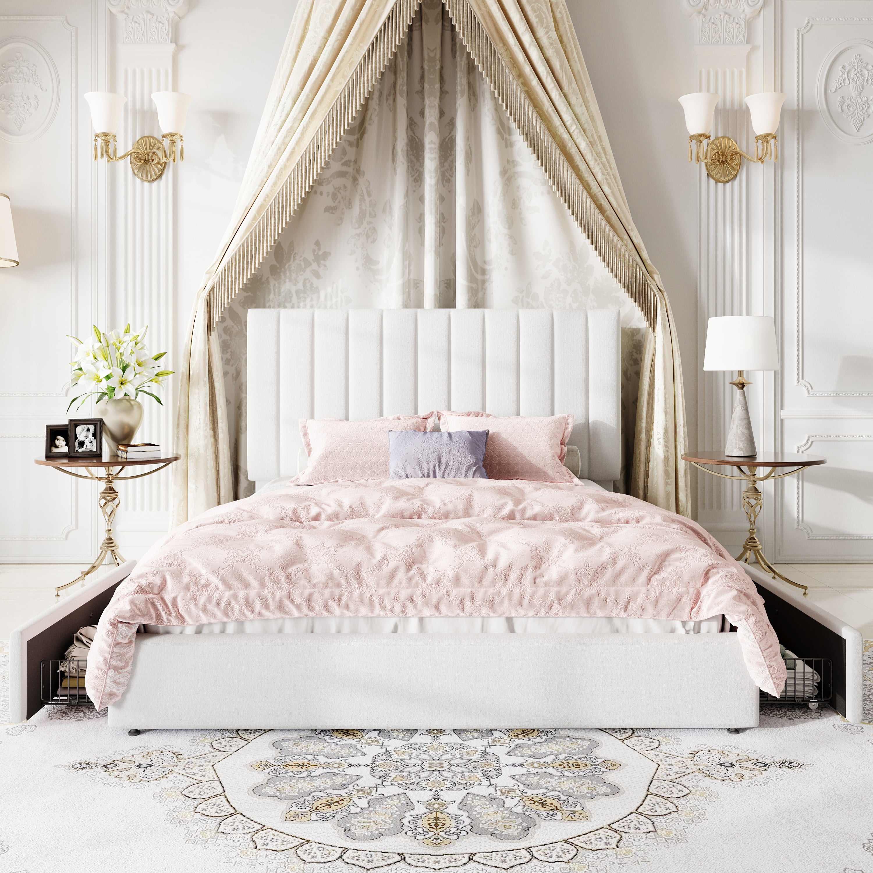 Amolife Queen Bed Frame, Platform Bed with Adjustable Velvet-Wrapped Headboard and 4 Storage Drawers, No Box Spring Required, White