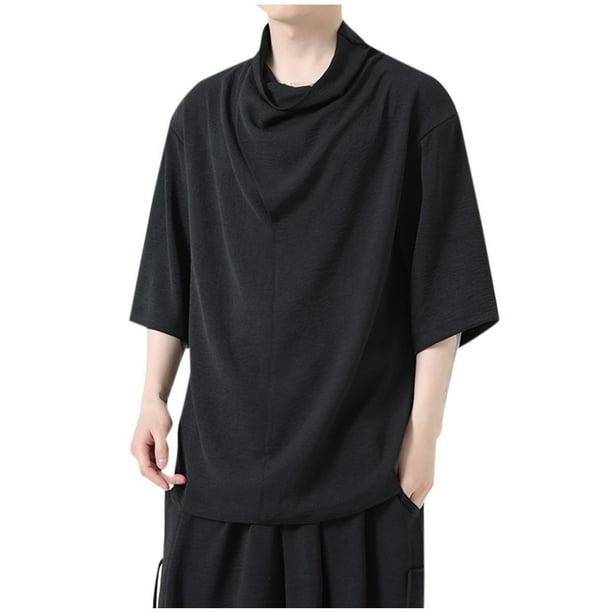 pstuiky Camisa de manga corta para hombre, Blusa informal de seda helada de color liso para hombre, manga corta, cuello redondo y mangas cinco cuartos ropa de hombre l