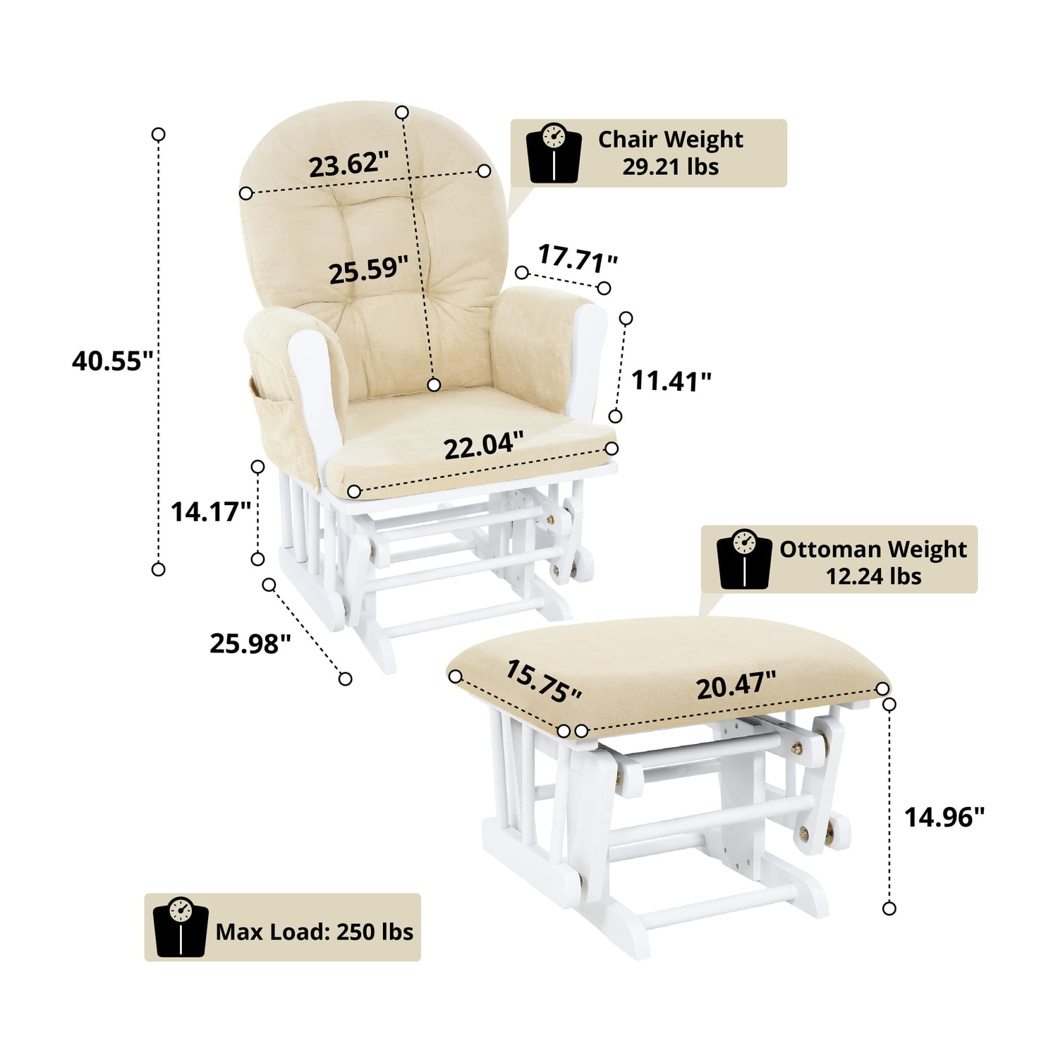 Brisbane Nursery Glider & Ottoman Set - Reclining Glider Rocker Chair for Breastfeeding, Maternity, & Comfort, White,Gray-Cushion Color:Cream,Finish:White
