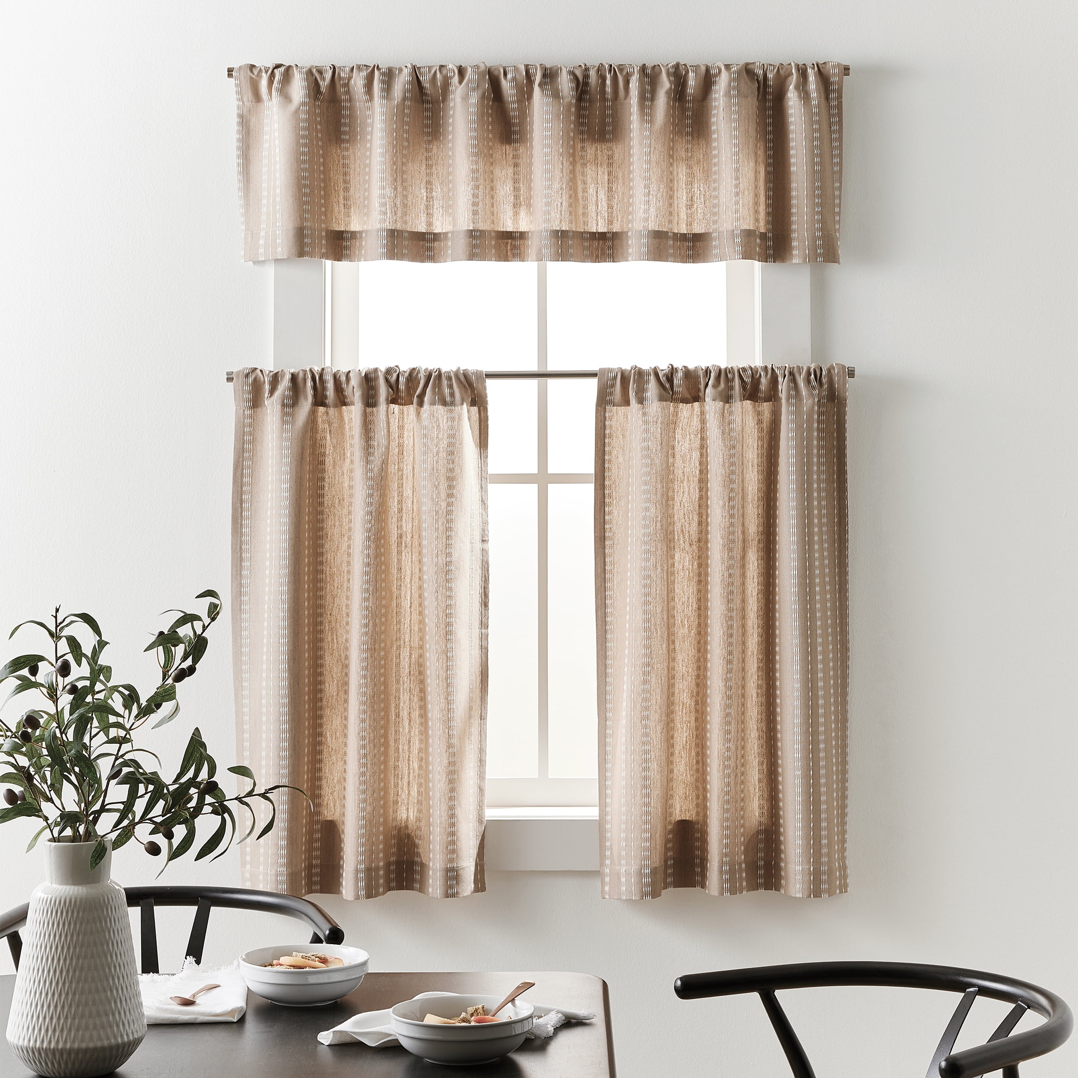 Better Homes & Gardens Luna 3-Piece Brown Pick Stitch Stripe Kitchen Curtain Set 60" x 36"