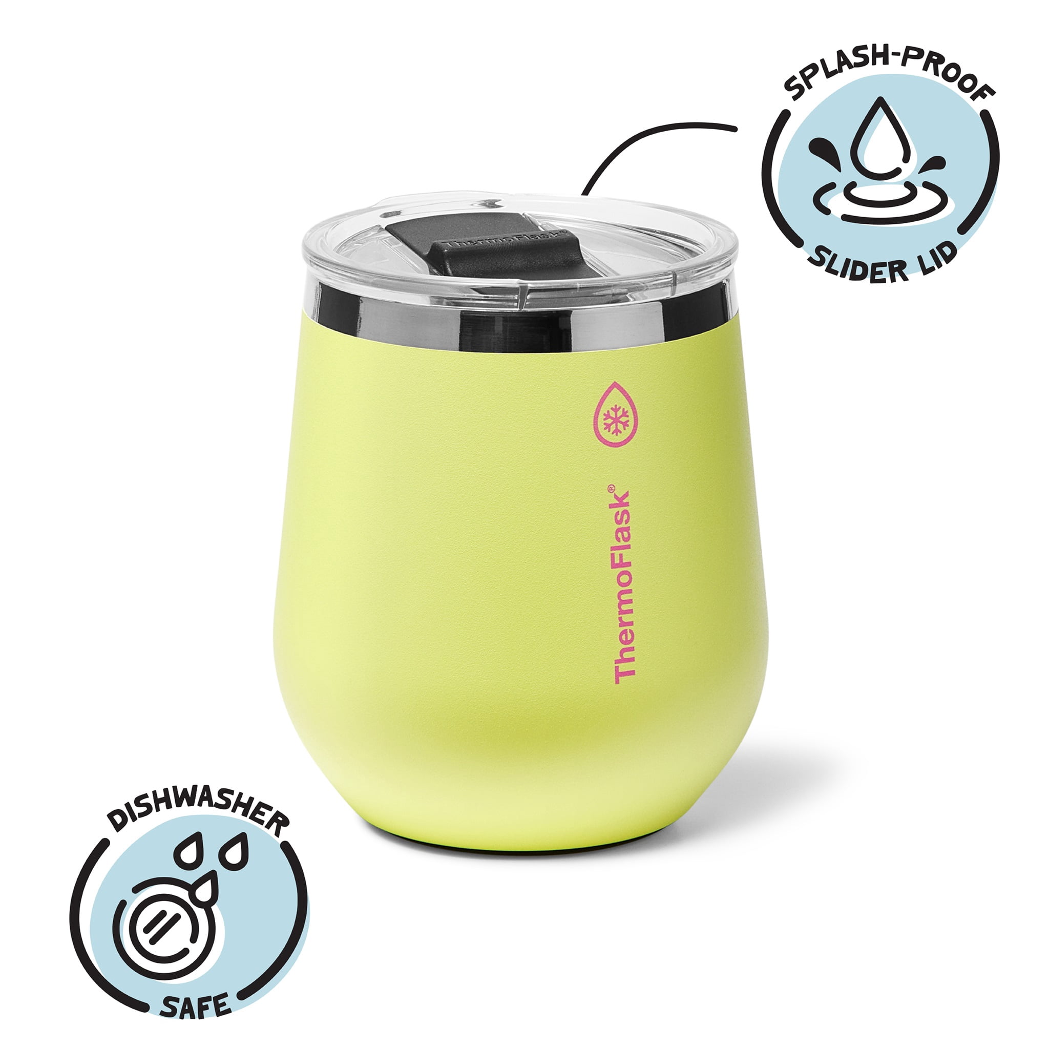 ThermoFlask Drinkware 12 oz Wine Tumbler - Double-Wall Insulated for Cold & Hot Drinks - Lightweight & Simple with Innovative Press In Slider Lid - Modern & Durable - Unmellow Yellow