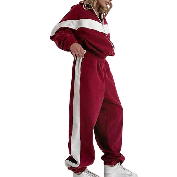 Conjunto Deportivo de Dos Piezas para Mujer: Sudadera con Cremallera, Pantalones de Chándal Anchos A Rayas en Contraste, Chándal de Viaje. Rojo XL