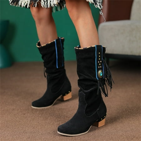 

Akiihool Work Boots for Women Winter Knee High Boots Comfortable Platform Pull On Side Zipper Buckle Riding Boots (Black 8)