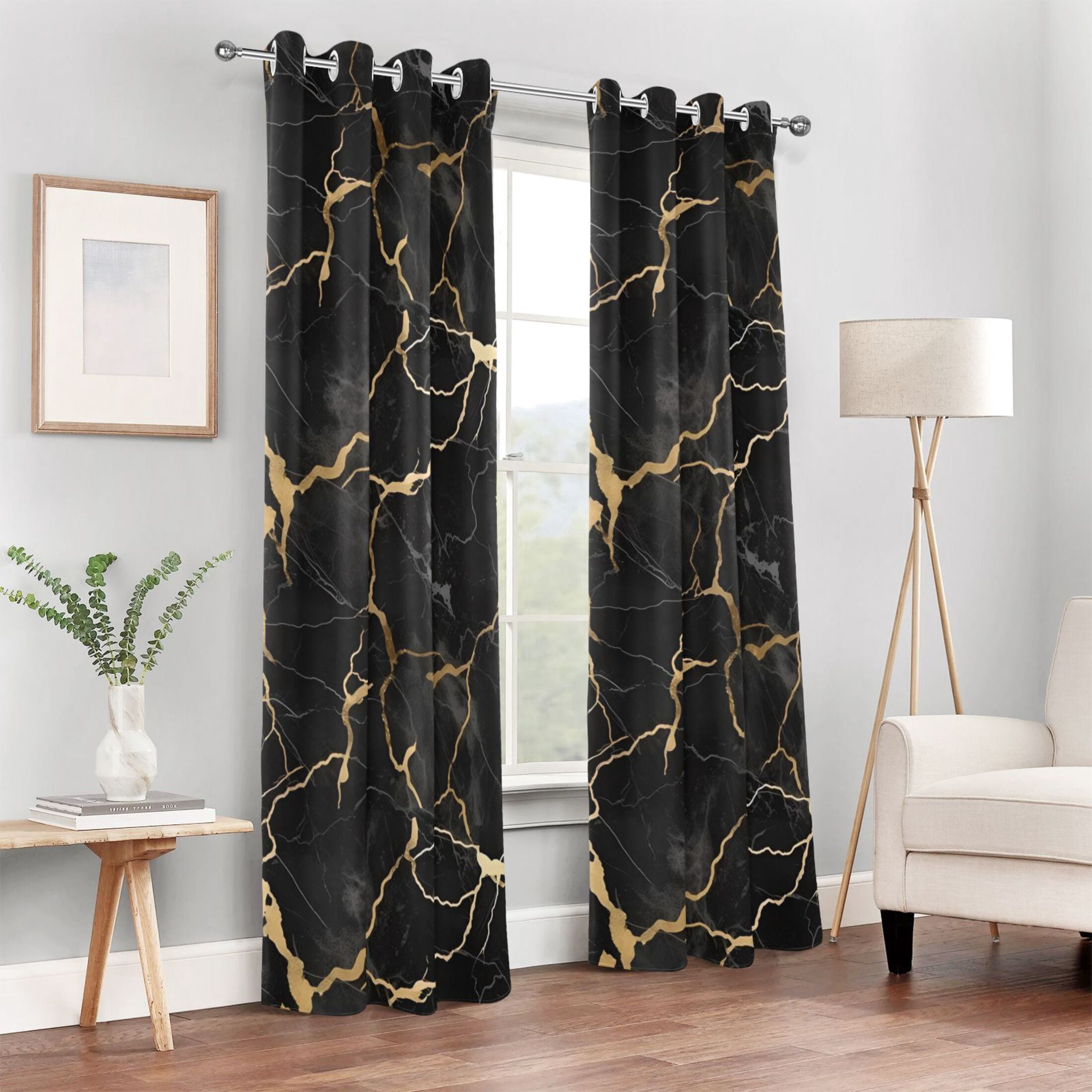 Black and Gold Marble Blackout Curtains W82 x L52 1 Panel Window Curtain for Bedroom Living Room