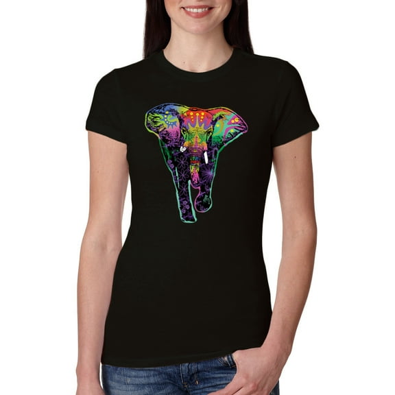 Wild Bobby, Colorful Rainbow Floral Elephant Animal Lover Womens Slim Fit Junior Tee, Black, Small
