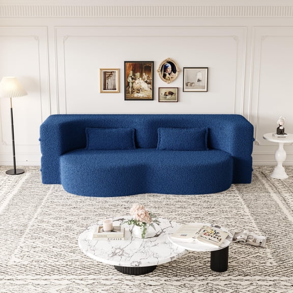 Modern Floor Sofa with 2 Pillows,Convertible Teddy Fabric Foam-Filled Sleeper Sofa Bed,15" Full Size Folding Mattress for Living Room,Guest Bed,Playroom,No Assembly Required (Blue)
