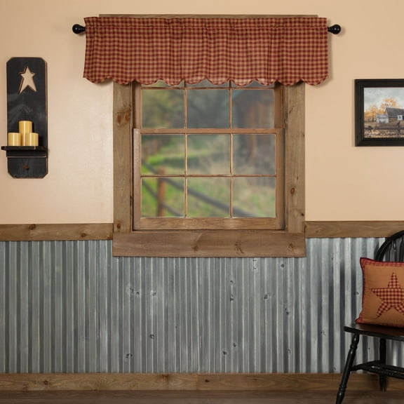 VHC Brands Check Cotton Primitive Kitchen Curtains Rod Pocket 16x60 Valance, Burgundy Red