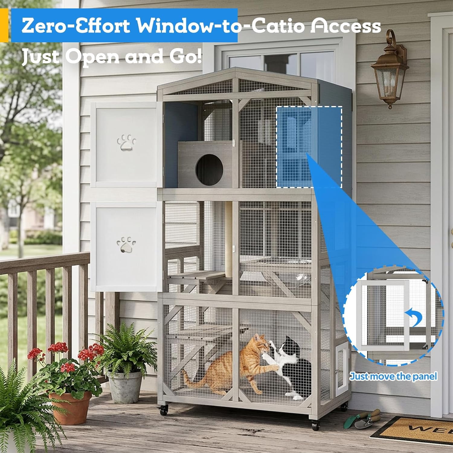 66" Tall Portable Catio Outdoor Cat Enclosure with Wheels, Window Connection Cat House, 4-Tier Activity Center with Acrylic Pod
