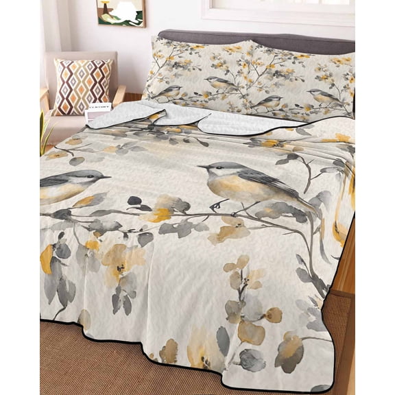 Yellow Grey Botanical Queen Size Down Alternative Comforter, Lightweight Comforter Quilt Bedding Set with Pillow Shams Spring Floral Summer Birds Retro All Seasons Bed Comforter Duvet Insert 90"x96"