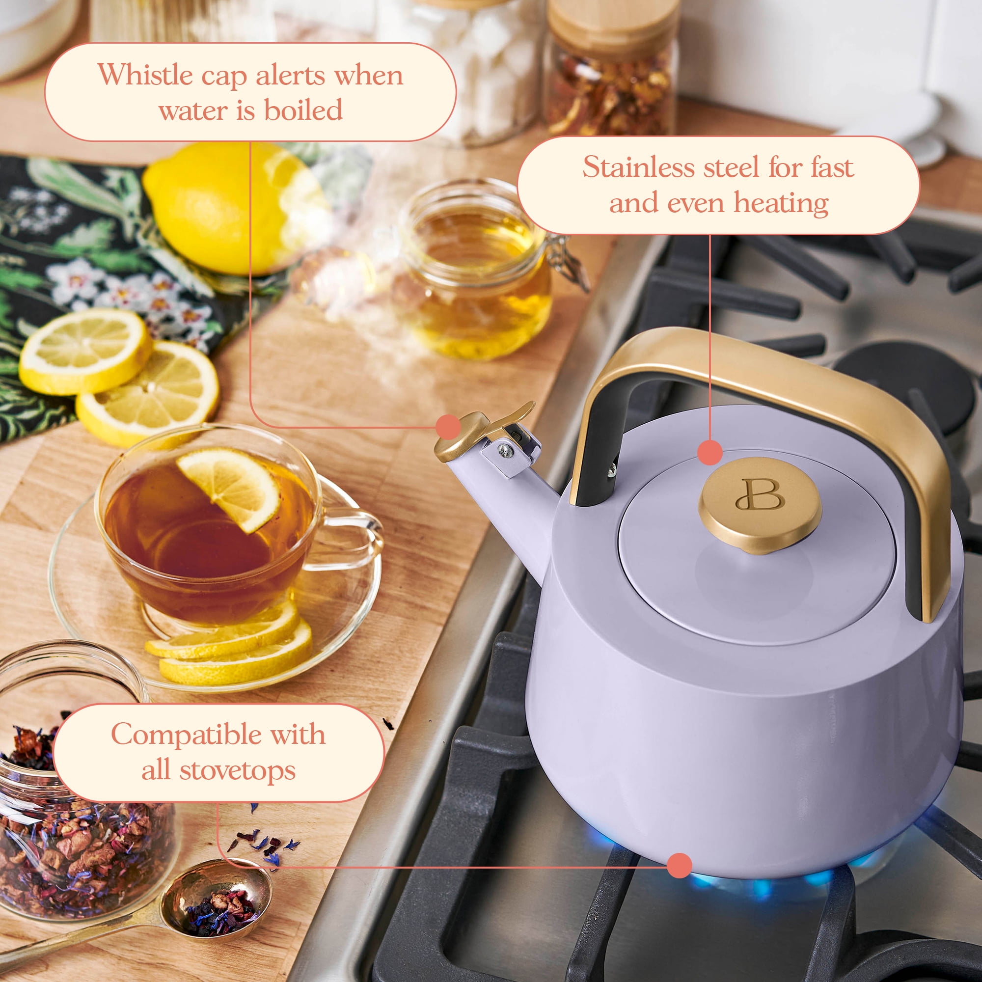 Beautiful 1.8L Ceramic Non-Stick Stovetop Tea Kettle, Lavender by Drew Barrymore