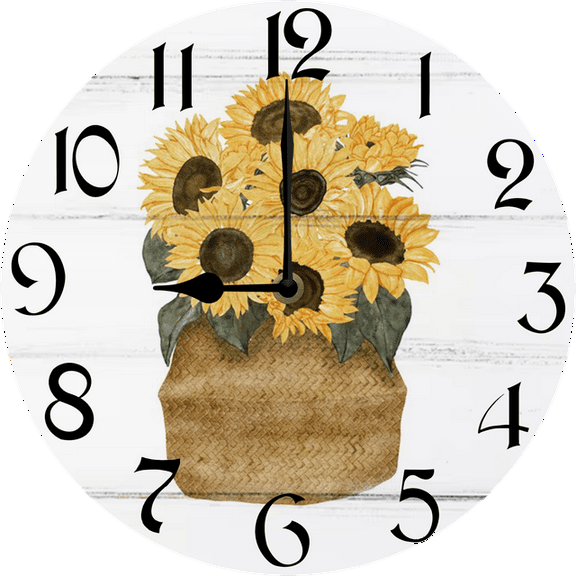 Eveokoki Sunflower Kitchen Decor Round Wall Clock 10 Inch Silent Non Ticking Battery Operated Wood Clock for Bedroom Bathroom Living Room