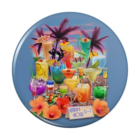 Tropical Vacation Happy Hour Beach Bar Drinks Pinback Button Pin