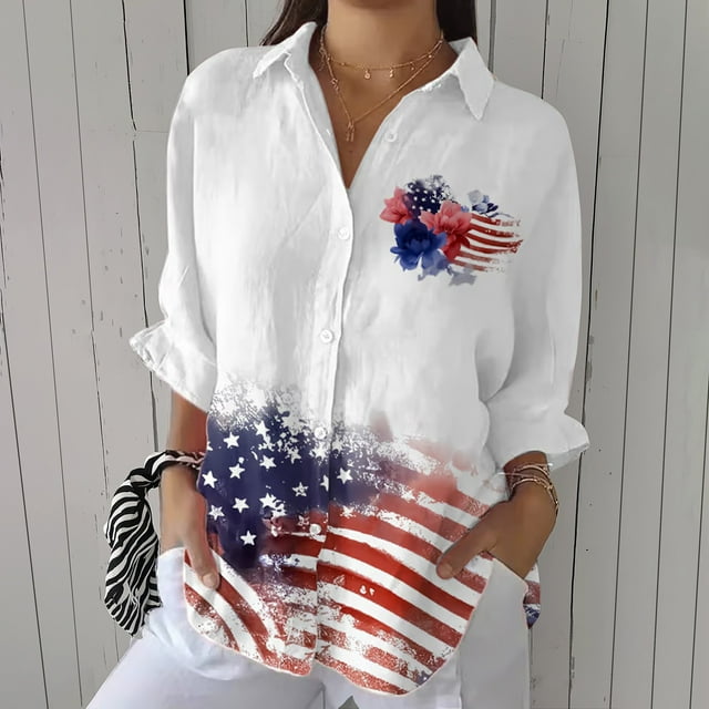 YLHFASHION Chemise à Imprimé Drapeau Américain Rétro pour Femmes pour la Fête de l'Indépendance, Imprimé Artistique, Chemise Décontractée à Col en V, Rabais de 50 % Liquidation Chemises pour Femmes