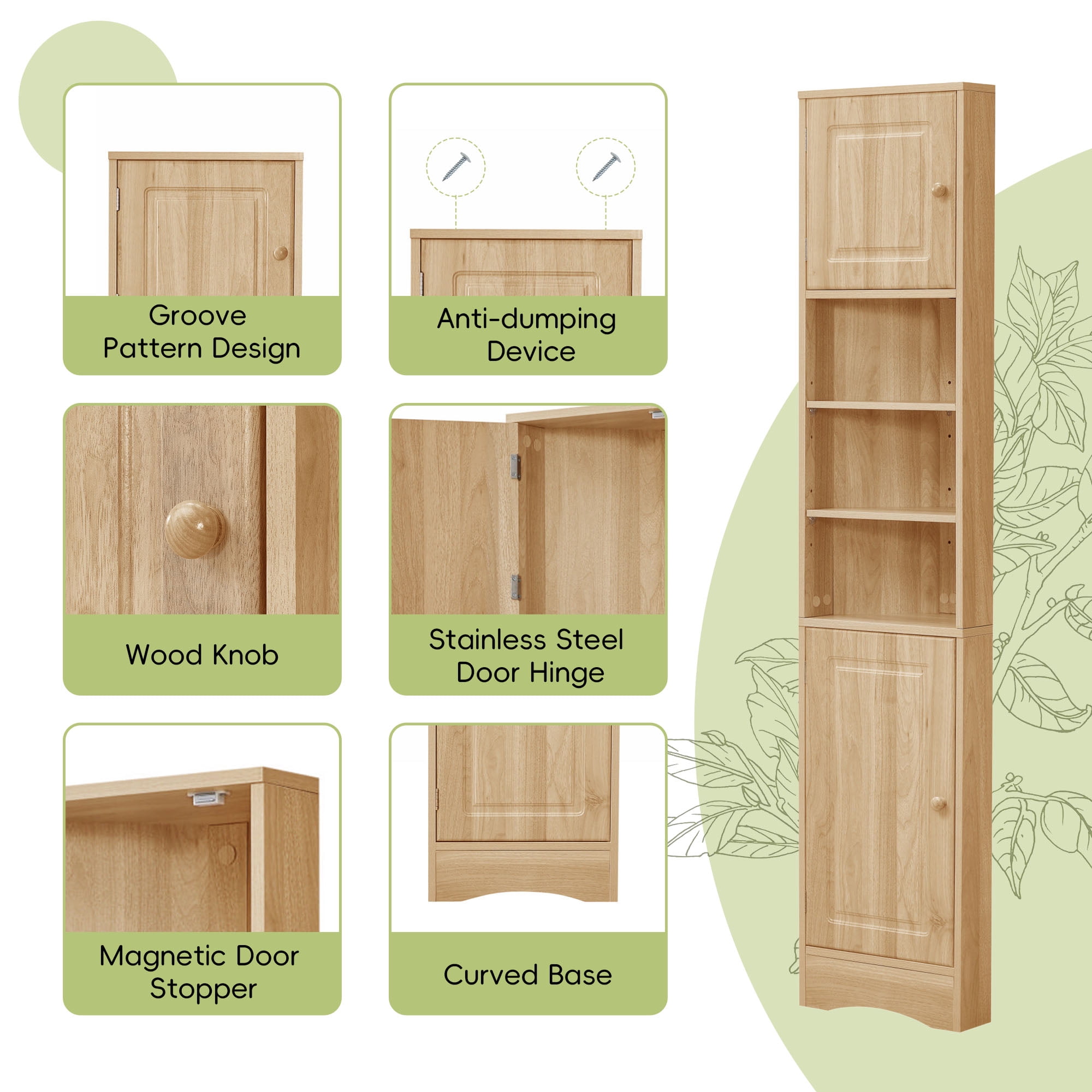 Leumius Multi-Functional Corner Bathroom Storage Cabinet with Two Doors, Adjustable Shelves, Open Shelf, Triangle Space-Saving Design, Natural Finish