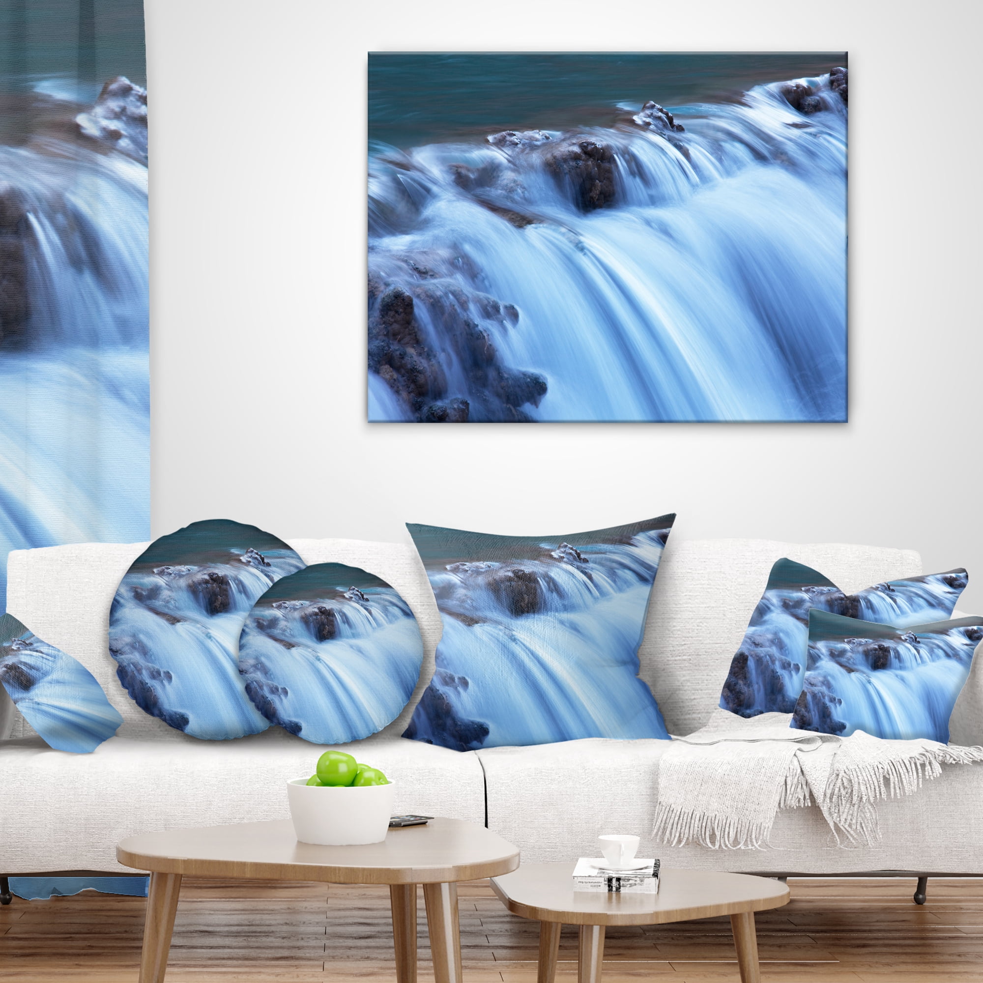 Designart Fantastic Blue Water Cascade - Landscape Printed Throw Pillow - 16x16